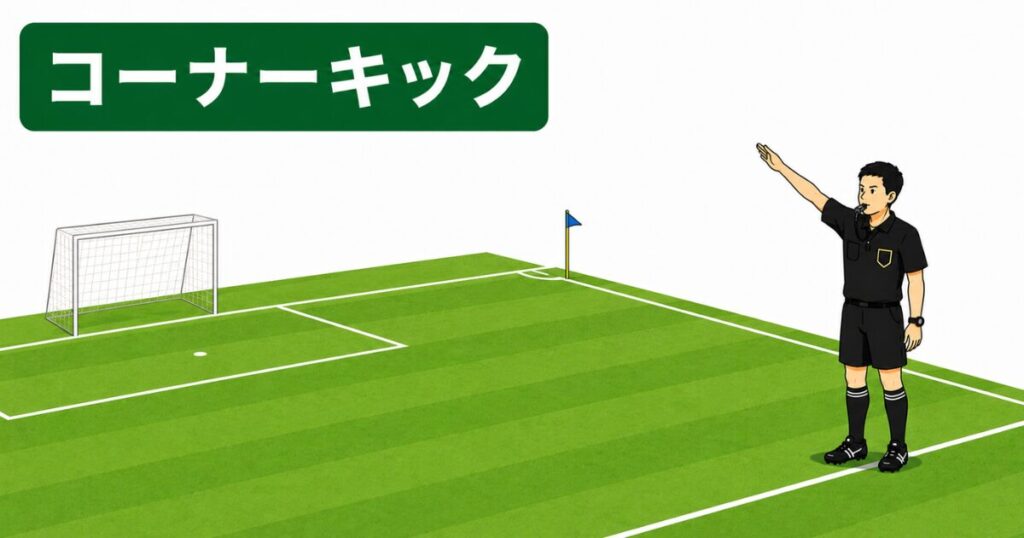 サッカー主審のコーナーキックのシグナル。コーナーアークへ向かって斜め上に腕を伸ばし、再開位置を示す主審のジェスチャーをイラストで解説。
