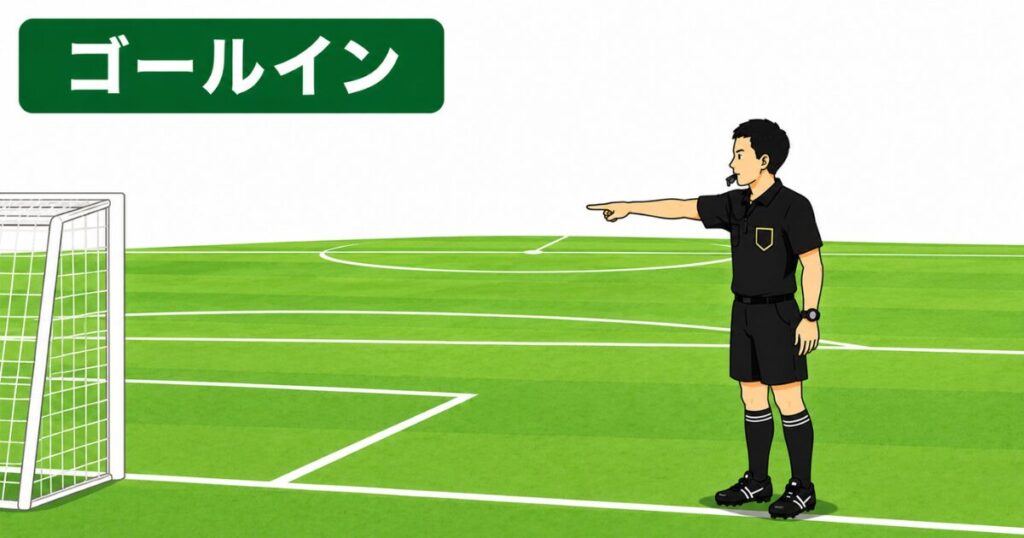 サッカー主審のゴールインのシグナル。得点を確認した後、ペナルティエリア付近からセンターマークへ向かって腕を水平に伸ばし、キックオフを示す主審のジェスチャーをイラストで解説。