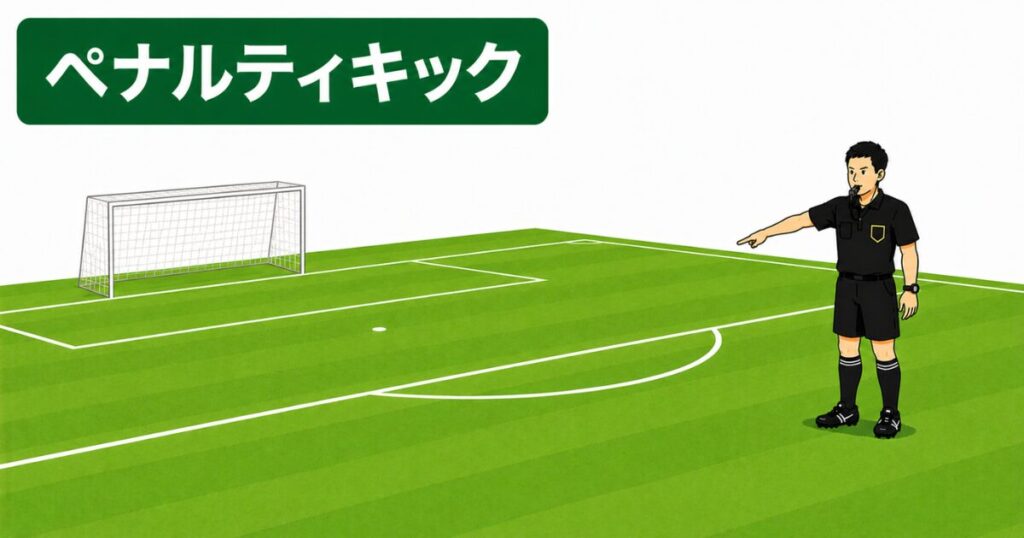 サッカー主審のペナルティキックのシグナル。ペナルティエリアの外からペナルティマークへ向かって腕を少し下向きに伸ばし、PKを示す主審のジェスチャーをイラストで解説。