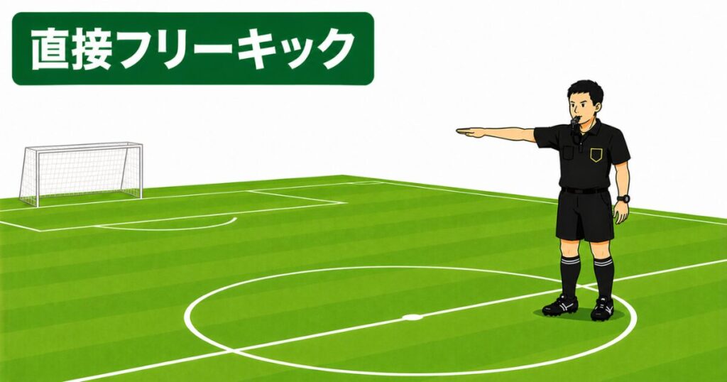 サッカー主審の直接フリーキックのシグナル。攻撃する方向へ腕を水平に伸ばして示す主審のジェスチャーをイラストで解説。