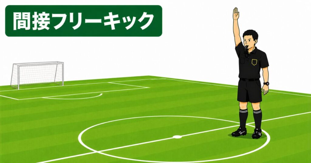 サッカー主審の間接フリーキックのシグナル。片手を真上へまっすぐ上げて間接フリーキックを示す主審のジェスチャーをイラストで解説。