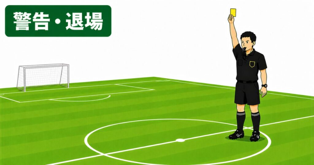サッカー主審の警告・退場のシグナル。イエローカードを持った腕を真上へまっすぐ伸ばし、警告を示す主審のジェスチャーをイラストで解説。