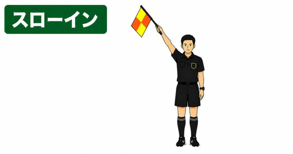 サッカー副審のスローインのシグナル。フラッグを攻撃する方向へ斜め上に上げてスローインを示す副審のジェスチャーをイラストで解説。