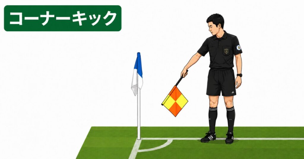 サッカー副審のコーナーキックのシグナル。コーナーアークへ向けてフラッグを斜め下に示し、コーナーキックを伝える副審のジェスチャーをイラストで解説。