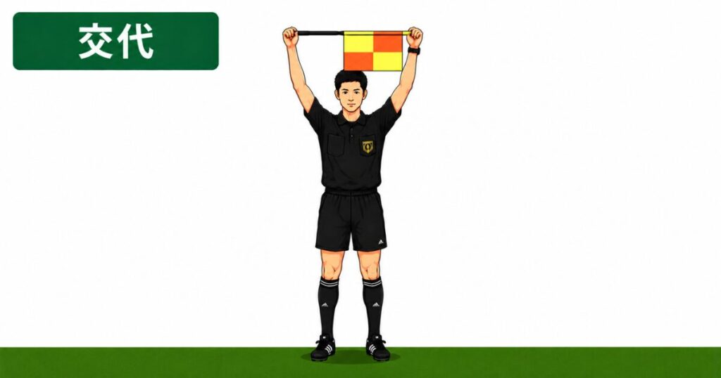 サッカー副審の交代シグナル。フラッグを頭上で水平に掲げ、交代を知らせる副審のジェスチャーをイラストで解説。