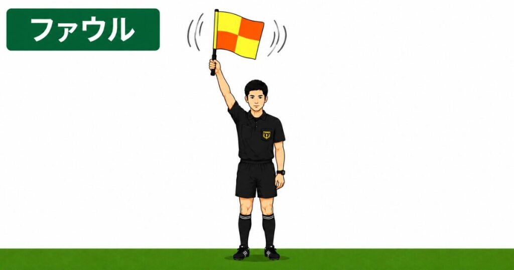 サッカー副審のファウルシグナル。フラッグを真上に上げて大きく振り、主審へファウルを知らせる副審のジェスチャーをイラストで解説。