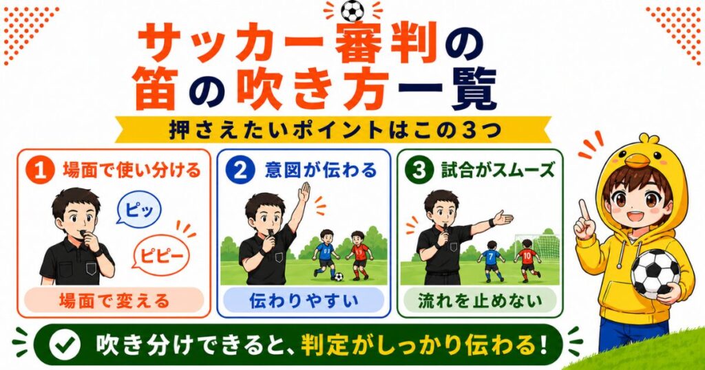 サッカー審判の笛の吹き方一覧をまとめた図解。場面ごとに笛を吹き分けることの大切さを、使い分け・判定が伝わる・試合がスムーズの3つのポイントで初心者向けに解説したイラスト。
