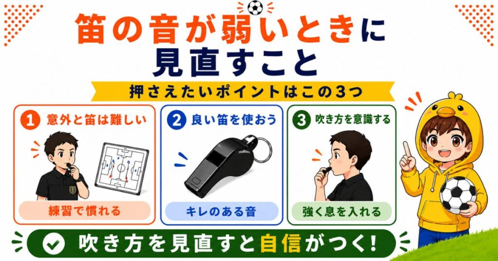 サッカー審判の笛の音が弱いときに見直したいポイントをまとめた図解。笛を吹く練習、良いホイッスル選び、息の入れ方をイラスト付きで初心者向けに解説している。