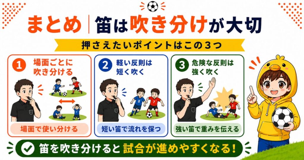 サッカー審判の笛の吹き分け方をまとめた図解。場面ごとの吹き分け、軽い反則は短く吹く、危険な反則は強く吹くという3つのポイントを、イラスト付きで初心者向けにわかりやすく解説したH2まとめ画像。