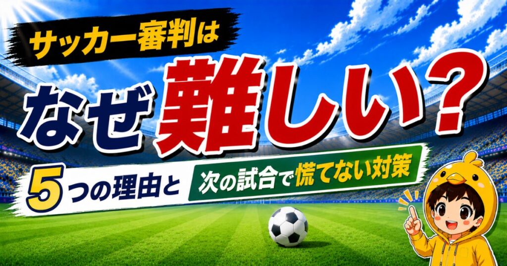 サッカー審判がなぜ難しいのかを5つの理由で整理し、次の試合で慌てない対策をわかりやすく解説したアイキャッチ画像