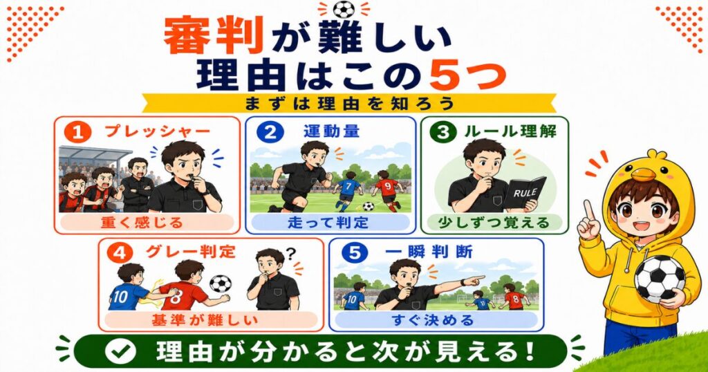 代替テキスト:サッカー審判が難しい5つの理由を、メンタル・プレッシャー、運動量、ルールの理解、グレーな判定、一瞬の判断の5項目でわかりやすくまとめた図解画像