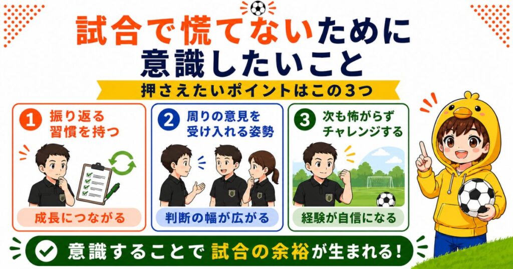 サッカー審判が試合で慌てないために、振り返り・周りの意見・再挑戦の3つを意識するポイント