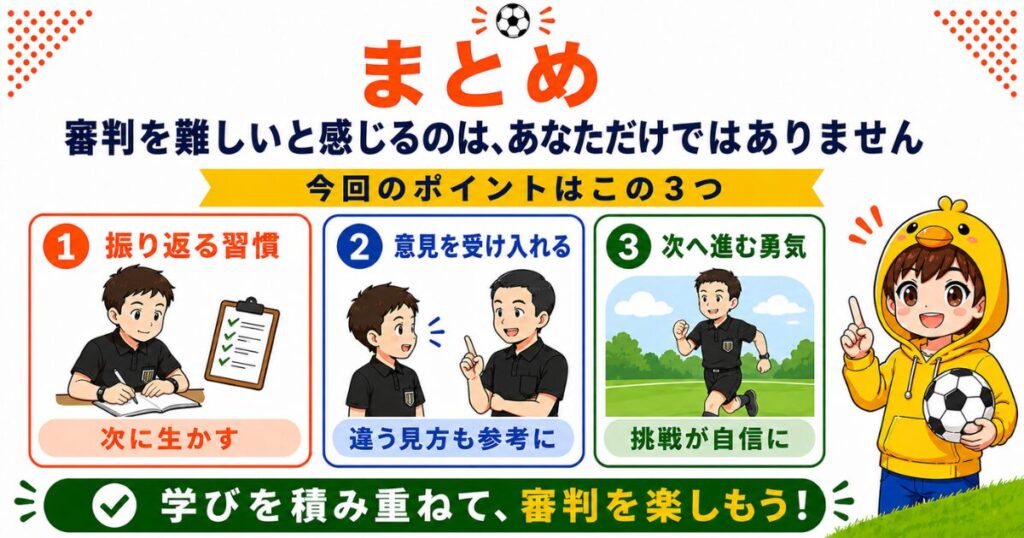 サッカー審判を難しいと感じる人へ、振り返る習慣・意見を受け入れる姿勢・次へ進む勇気の3つを解説した要約画像