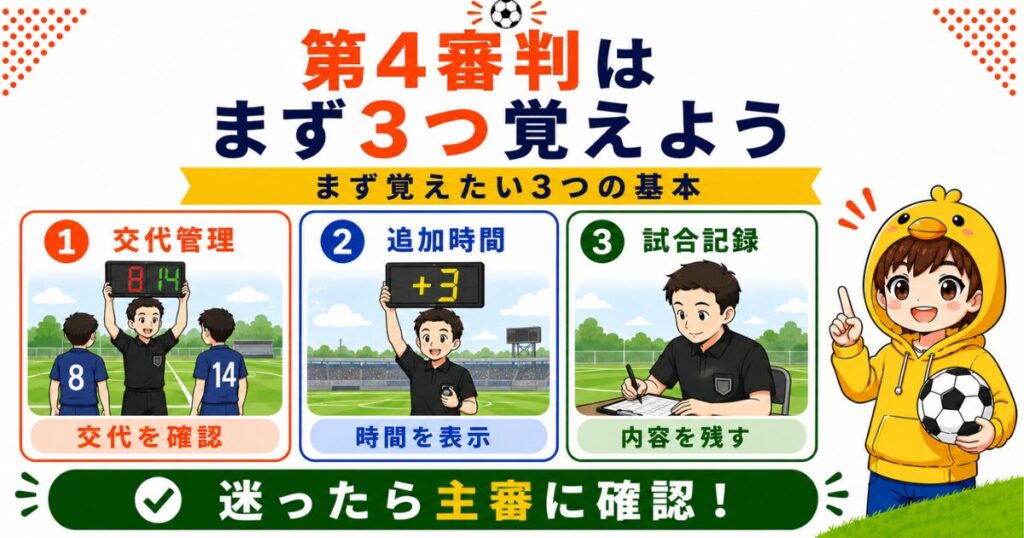 サッカー第4審判の初心者向け要約画像。初心者が最低限覚えたい3つの基本として、交代管理・アディショナルタイム表示・試合記録のポイントを分かりやすくまとめたH2画像。