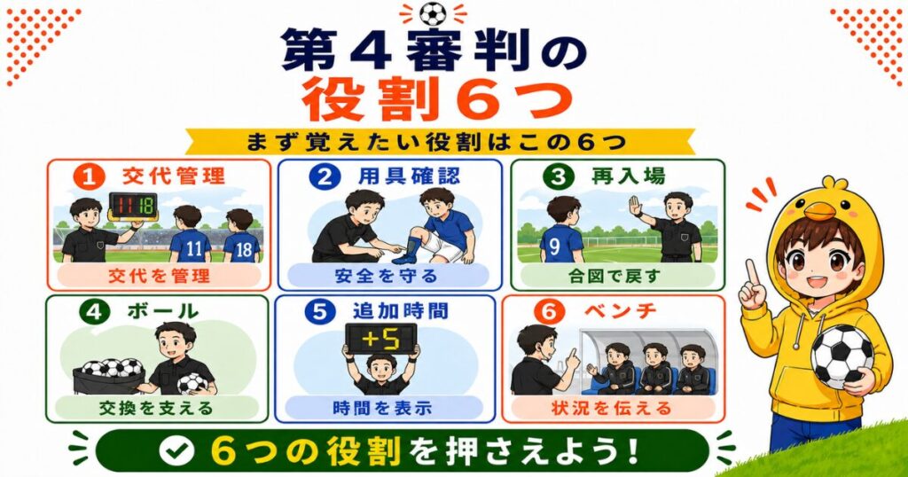サッカー第4審判の6つの役割を、交代管理・用具確認・再入場・ボール交換・追加時間表示・ベンチ対応に分けて解説した図解