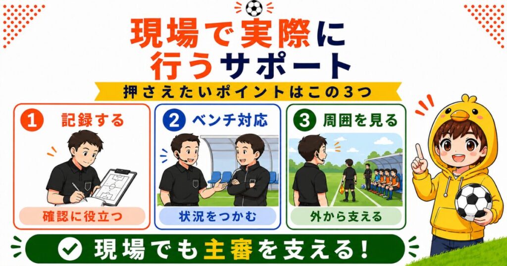 第4審判が現場で実際に行う3つのサポートをまとめた図解。試合記録、ベンチ対応、主審が見えない場所のサポートをわかりやすく紹介したH2画像