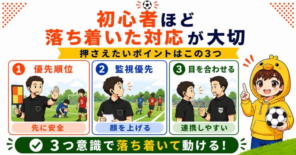 第4審判の初心者向けアドバイスとして、優先順位・ピッチ内外の監視・主審とのアイコンタクトをまとめた図解
