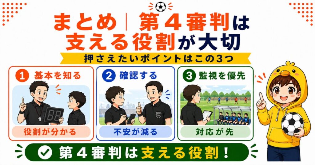 サッカー第4審判の役割のまとめを解説したH2画像。第4審判はただ座ってメモをする係ではなく、3つの基本を覚えること、分からない時は確認すること、ピッチ内外を監視すること、メモより対応を優先することを要点として整理したブログ用図解。