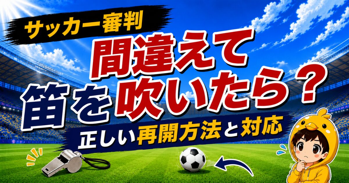 サッカー審判が間違えて笛を吹いたときの正しい再開方法と対応を、初心者にもわかりやすく解説したアイキャッチ画像