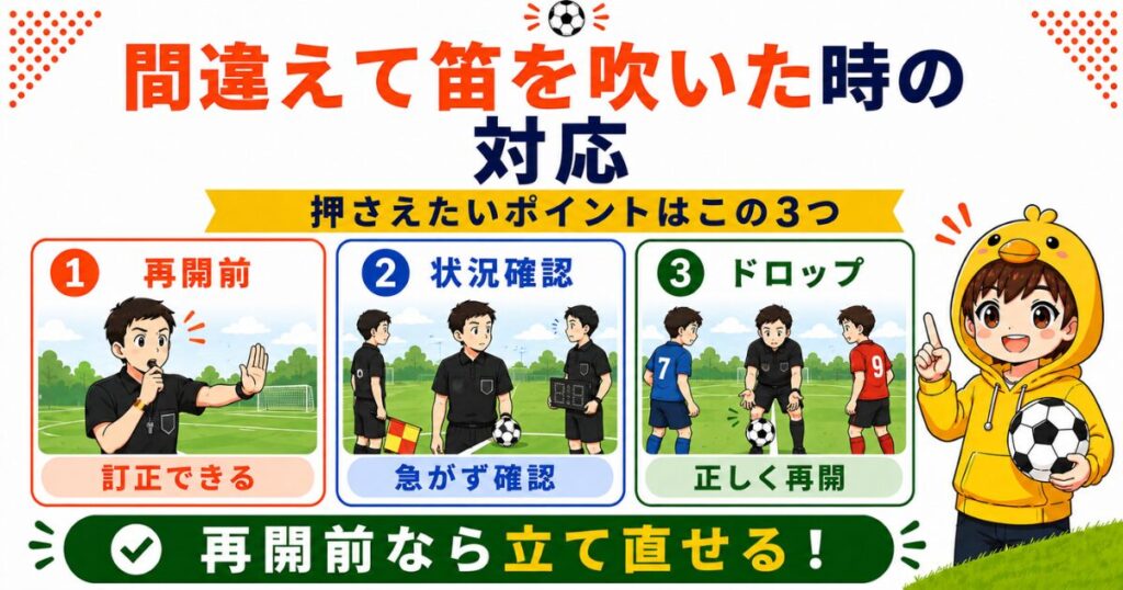 サッカー審判が間違えて笛を吹いた時の対応を3つのポイントでまとめた要約画像。再開前なら訂正できる、状況を確認する、ドロップボールで再開する流れを解説。