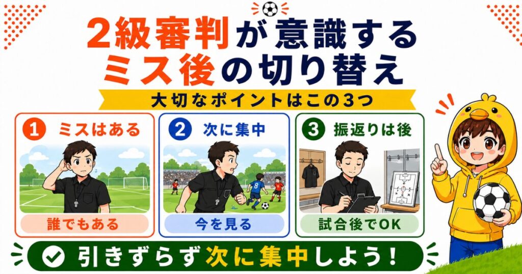 サッカー2級審判が意識するミス後の切り替え方。ミスは誰にでもある、次の判定へ集中する、振り返りは試合後に行う3つのポイントを解説。