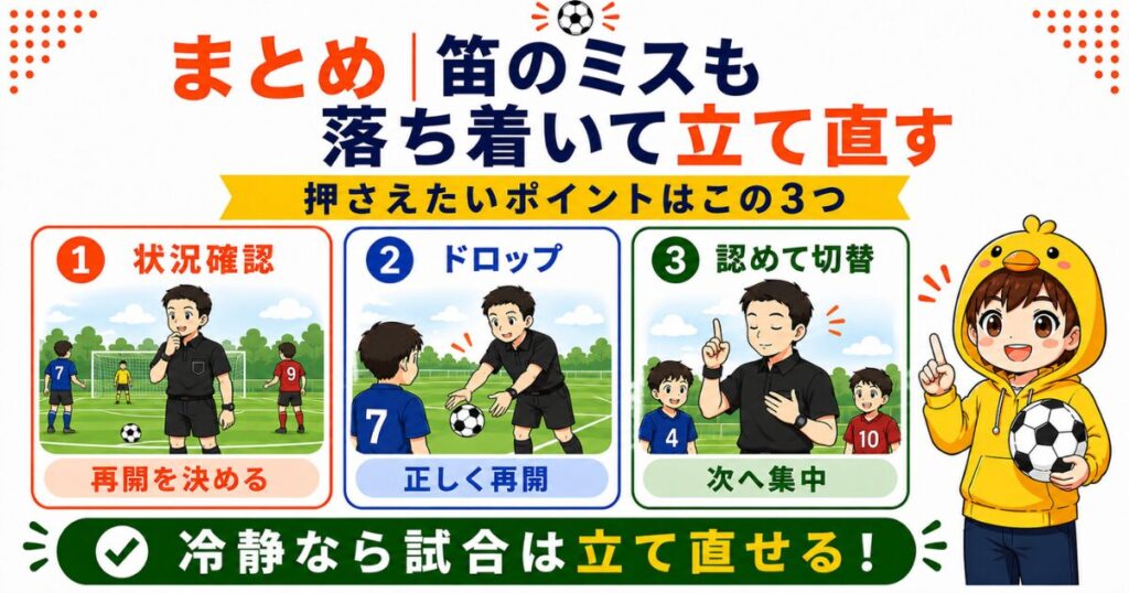 サッカー審判が間違えて笛を吹いたときの対応をまとめたH2要約画像。状況確認、ドロップボールで再開、次の判定への切り替えの3ポイントを図解で紹介している
