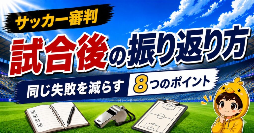 サッカー審判の試合後の振り返り方を、同じ失敗を減らす8つのポイントとともにわかりやすく解説したアイキャッチ画像