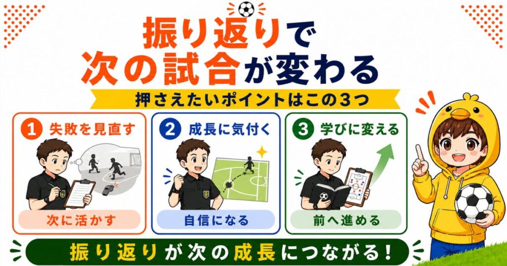 サッカー審判の試合後の振り返りが必要な理由を3つのポイントでまとめたH2要約画像。失敗を減らす、成長に気付く、次につなげる大切さをわかりやすく解説。