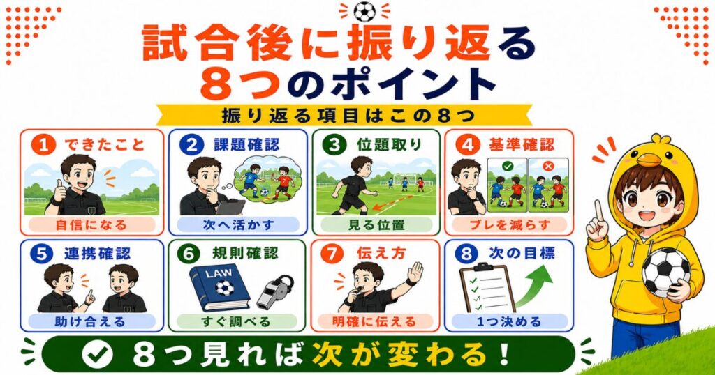 サッカー審判が試合後に振り返りたい8つのポイントをまとめたH2要約画像